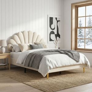 Lit adulte 140x200 avec sommier, lit double capitonn&eacute; avec t&ecirc;te de lit coquillage, pieds en m&eacute;tal dor&eacute;, cadre bois et m&eacute;tal, velours, style moderne,