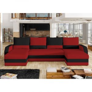 Les Tendances - Canap&eacute; d'angle convertible panoramique bicolore tissu rouge et noir Nordy 307cm