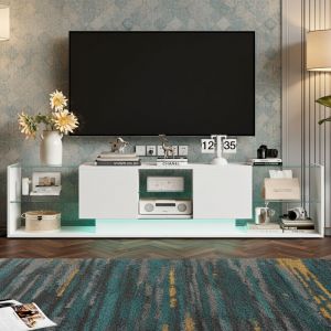 Meuble TV Blanc avec LED, Meuble Banc T&eacute;l&eacute; Bas 200x35x45cm avec 2 Tiroirs et &Eacute;tag&egrave;res en Verre pour Salon ou Chambre