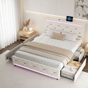 Lit 140x190 cm avec 4 tiroirs, lit adulte double avec sommier, bandeau lumineux LED, port USB, capitonn&eacute; velours, style scandinave - Beige