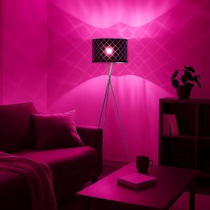 Lampadaire intelligent abat-jour textile noir or lumi&egrave;re lat&eacute;rale 3 pieds tr&eacute;pied dimmable, contr&ocirc;le par application cct, 1x led rvb 8,5W 806Lm, DxH