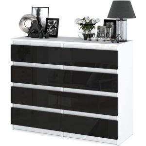 Commode / buffet 8 tiroirs - H 92 cm L 120 cm Gl. 33 cm, blanc / noir brillant