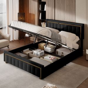 Lit coffre 160x200 avec sommier &agrave; lattes, Lit double en velours avec tete de lit capitonn&eacute;e, Design Dor&eacute; Edge, Lit adulte avec coffre hydraulique