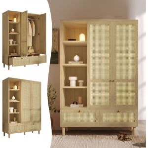 Armoire Penderie en Cannage Rotin 180x120x50 cm, 2 Portes avec 2 Tiroirs, tringle v&ecirc;tements, Style Boh&egrave;me Chic - Ch&ecirc;ne