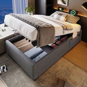 Lit coffre, lit simple avec port usb, sans matelas, coton, lit adulte, sans tête de lit, 90x190, gris