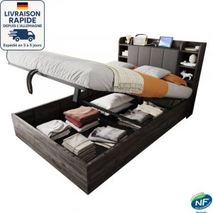 Modfu - Lit coffre 140 x 200 - Lit 140x200 Lit adulte + 1 sommier - Rangement de t&ecirc;te de lit avec ports usb et prises Tape-C - Bois Certifi&eacute; pefc