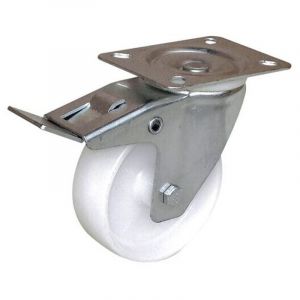Roulette Port Roll pivotante &agrave; frein roue polypropyl&egrave;ne blanche &Oslash; 100 mm fixation &agrave; platine hauteur 130 mm charge 100kg - GUITEL-POINT M