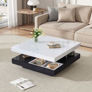 Okwish - Table basse carrée blanche, table de salon avec plateau rotatif à 2 niveaux et base noire, 70x70x36 cm