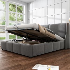 Lit coffre 140x200 cm, lit capitonn&eacute; avec t&ecirc;te de lit en foreme d'oreille, gris, sans matelas