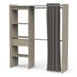 Armoire dressing extensible avec rideau 2 penderies 3 &eacute;tag&egrave;re et 1 tiroir couleur ch&ecirc;ne - Largeur 114/167,3 x Profondeur 50 x Hauteur 191,5 cm