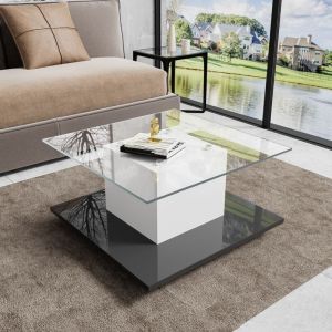 Modfu - Table basse fixe 80x80x40, plateau en verre, sur roulettes, amovible, aggloméré, noir et blanc
