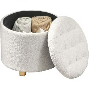 Pouf coffre rangement, tabouret rond, pouf repose-pieds en tissu bouclette, charge 120 Kg, &Oslash; 45 x 41 cm, blanc