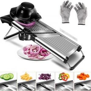 Mandoline Cuisine, Coupe Legumes Inox Professionnelle, Coupe Frites Manuel avec Prot&egrave;ge Main et Gants de S&eacute;curit&eacute;, Mandoline Multifonctions avec
