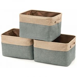 Bo&icirc;te de Rangement Pliable en Coton de Jute avec Poign&eacute;e, Panier &agrave; Linge, Meuble de Rangement pour Armoire, Dressing, Penderie &ndash; Lot de 3, Gris et