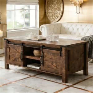 Table basse relevable bois Style Farmhouse 48" avec Porte de Grange Coulissante, Rangement Cach&eacute; & &Eacute;tag&egrave;re R&eacute;glable, Table Centre pour Salon & Bureau