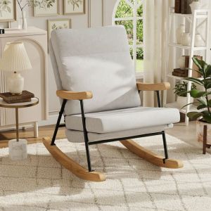 Fauteuil à bascule - Fauteuil rocking chair confortable pour les loisirs - Avec accoudoirs et pieds en bois massif - Lin - Fauteuil d'allaitement