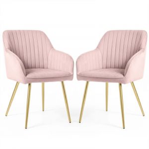 Lot de 2 Chaises en velours &agrave; surpiq&ucirc;res FLORENCE Rose Poudr&eacute; pieds dor&eacute;s