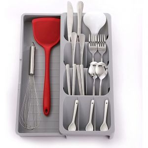 Range-couverts compact en plastique, organiseur extensible pour tiroir d'argenterie, porte-ustensiles pour rangement de cuisine (gris)