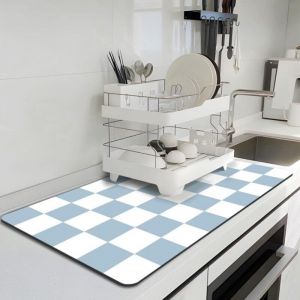 Tapis de s&eacute;chage de vaisselle de cuisine, tapis &agrave; caf&eacute; &agrave; carreaux, tapis absorbant, bleu