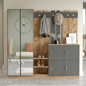 Vestiaire d'entr&eacute;e 4 portes 1 miroir d&eacute;cor gris et bois MARFA