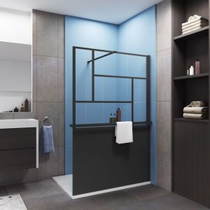 Paroi de douche &agrave; l'italienne type atelier 90x200cm install&eacute; avec une barre de fixation noir en 140cm,livr&eacute; avec &eacute;tag&egrave;re de douche noir