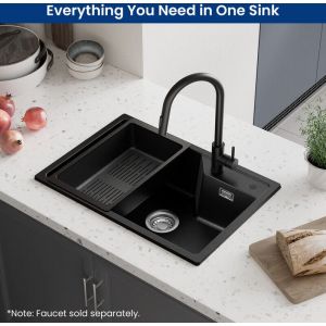 Sofatiy Max &Eacute;vier 65 x 45 cm en granit, avec &eacute;gouttoir, &agrave; poser, &eacute;quip&eacute; d'un siphon, d'une bonde et d'un trop-plein, anthracite