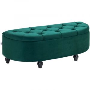 Pouf de Rangement Coffre 2 en 1 - Pouf capitonn&eacute; Demi-Cercle - Pieds Bois h&eacute;v&eacute;a Noir rev&ecirc;tement Velours vert