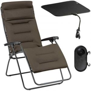 Ensemble Fauteuil Relax Transat Jardin - Chaise Longue Matelass&eacute; Xl Avec Ombrelle Et Porte-gobelet - Rsx Clip Xl - Aircomfort&reg; - Marron Taupe