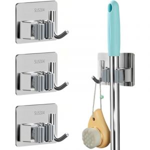 Accroche Balai Mural avec Crochet, 3 Pcs Inoxydable Porte Balais Mural Accroche Balai Mur al Sans Percer Auto-Adh&eacute;sif Support Balais Mu ral pour