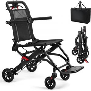 Fauteuil roulant portable, pliable, capacit&eacute; de charge de 130 kg, avec frein &agrave; main verrouillable, noir.