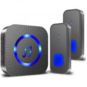 Sonnette sans Fil Carillon de Porte Exterieur IP55 Étanche à 400M Deux Bouton Emetteurs avec Un Récepteur Enfichable, Indicateur LED Bleu, 5 Niveaux
