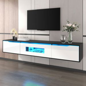 Meuble TV 180 cm, avec &eacute;clairage LED &agrave; changement de couleur, portes pliantes, laqu&eacute; Meuble TV suspendu, style moderne - Noir et blanc