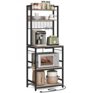 &Eacute;tag&egrave;re de cuisine avec multiprise support pour micro-ondes &eacute;tag&egrave;re de rangement avec panneau grillag&eacute; 14 crochets 40 x 80 x 170 cm marron