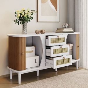 Buffet 140,5x40x76cm avec 3 tiroirs 2 portes coulissantes, commode, meuble de cuisine, aggloméré, blanc + naturel
