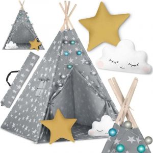 Tente tipi enfant avec guirlande lumineuse nukido - gris avec etoiles
