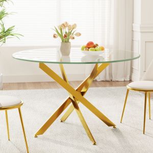 Table &agrave; Manger en Verre Ronde pour 4 Personnes 90&times;90&times;75 cm Pieds M&eacute;tal pour Salon Cuisine Salle &agrave; manger Dor&eacute;