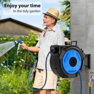 Enrouleur de tuyau retractable 30M+2M 1/2 po D&eacute;vidoir Automatique, support pivotant a 180&deg;, tuyau dearrosage mural avec Pistolet Arrosage 10 Buse,