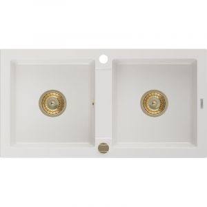 Mexen - Mario &eacute;vier en granit &agrave; 2 cuves 820 x 436 mm, Blanc, siphon Or - 6504822000-20-G