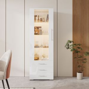 Vitrine en verre, à 3 tiroirs avec éclairage led, finition brillante, grand espace de rangement, vitrine indépendante, 60 x 35 x 180 cm, Blanc