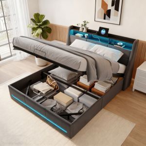 Lit coffre 140 x 190, lit 140 x 190 avec sommier, cadre de lit, lit double avec port USB et LED, lin, gris