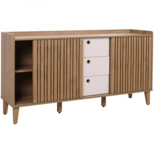 Sideboard HWC-M48, commode, porte coulissante compartiment de rangement, bois massif de manguier MDF 81x150x40cm - natur