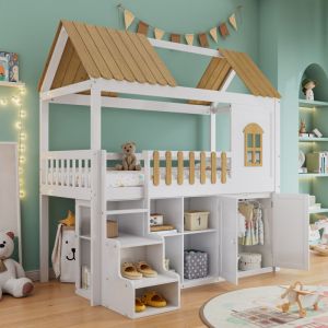 Lit superposé 90x200 cm lit enfant 2 places avec armoire à chaussures, marches sécurisées et balustrade stable, cadre en pin, blanc + naturel