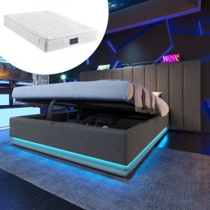 Lit coffre 160x200 cm, lit double capitonné avec led et charge usb-c, sommier à lattes inclus, lin, gris, matelas inclus, sans table de chevet