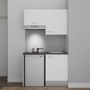 Kitchenette K01L-PT - 120 cm avec plan de travail et &eacute;vier, emplacements frigo et hotte - Fa&ccedil;ade Blanc - Plan Noir textur&eacute; - Evier Inox - Cr&eacute;dences