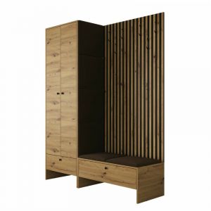 Mobilier1 &ndash; Ensemble de meubles d'entr&eacute;e ch&ecirc;ne artisan &ndash; Dimensions 206x145x44cm &ndash; Tissu stratifi&eacute; &ndash; Panneau mural souple