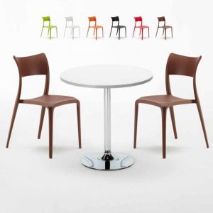 Table ronde blanche 70x70 et 2 chaises color&eacute;es bar caf&eacute; Parisienne Long Island - Marron