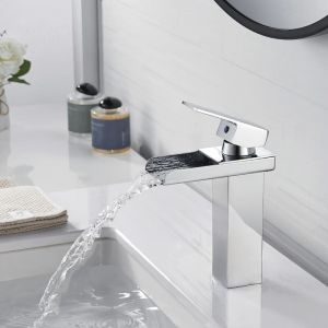 Alovez - Robinet de Lavabo Cascade Haut Mitigeur Lavabo Noir, Robinet Salle Bain Carré, Cascade Mitigeur Salle Bain avec Valve en Céramique