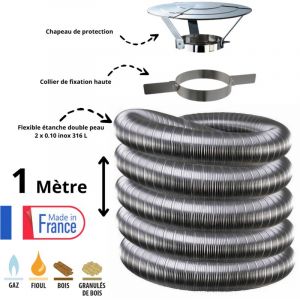 Edilinox - Kit tubage flexible double peau inox diamètre 100 + collier + chapeau Longueur du conduit 1 mètre