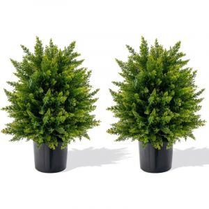 Costway - Arbres Artificiels de Boule Topiaire Cèdre de 55 cm, Lot de 2 Plantes Artificielles en Pot avec Base en Ciment Résistant aux uv, Fausses