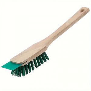 Applicable Brosse pour tondeuse à gazon avec grattoir - Poils robustes en plastique et long manche en bois - Vert - Brosse pour outils de jardin